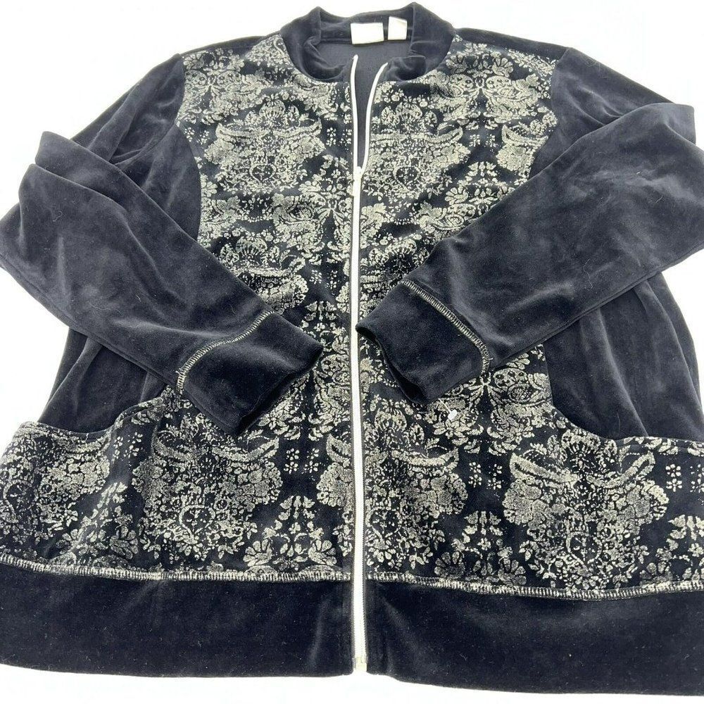 Zenergy By Chico's Womens Black Gold Floral Velvet Full Zip Sweater Size 3 XL